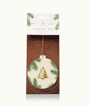 Packaging of Thymes Frasier Fir decorative sachet with a pine needle design and a Christmas tree, primarily in green and white colors.