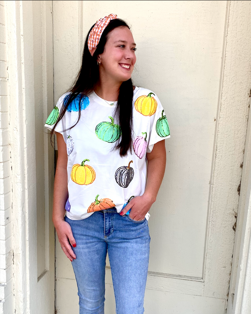 White Multi Colored Sequin Pumpkin Tee