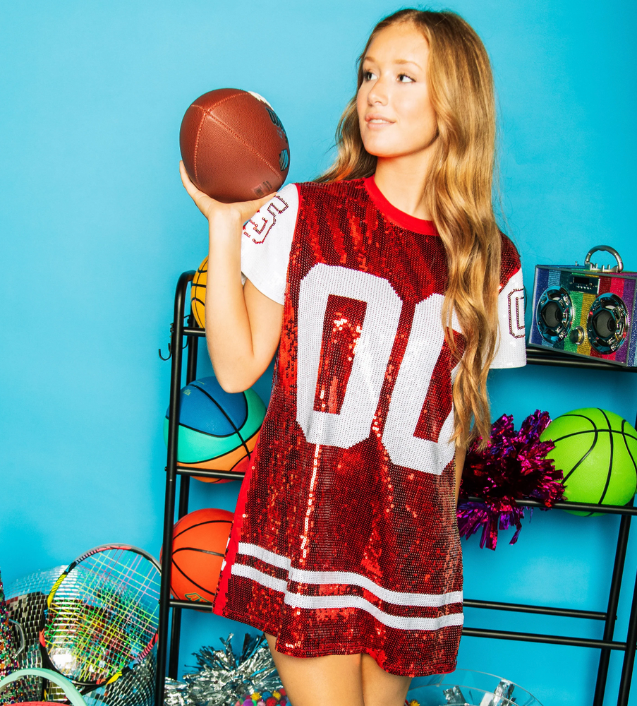 
            
                Load image into Gallery viewer, Red &amp;amp; White Full Sequin Jersey Dress
            
        