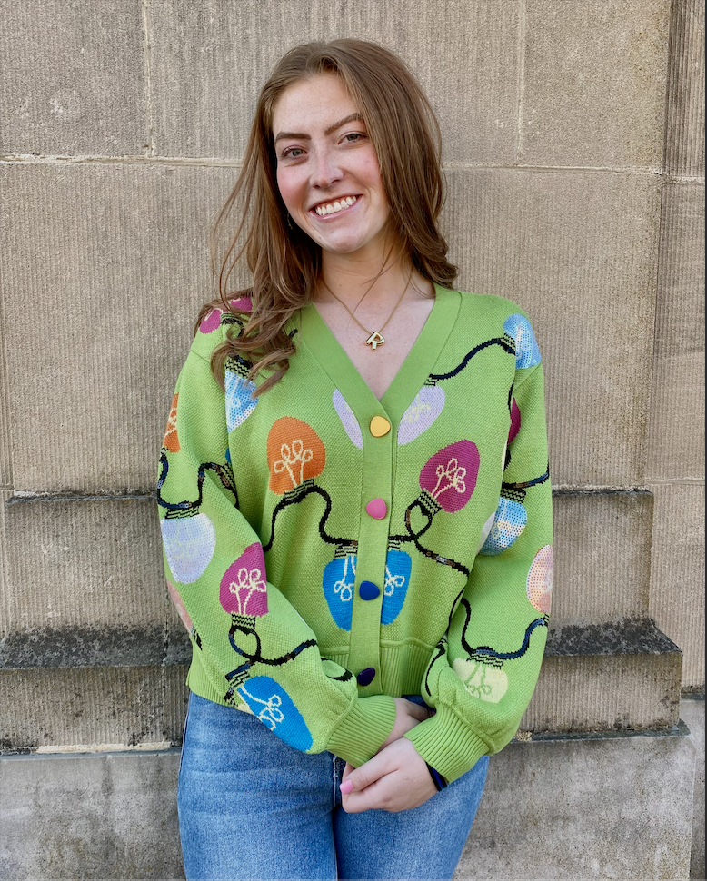 Green Multi Christmas Light Button Up Cardigan