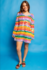 Rainbow Stripe Paillette Long Sleeve Knit Dress