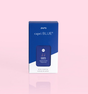A Pura brand capri BLUE diffuser refill in a Havana Vanilla scent, packaging is predominantly blue and white with product information on the front.