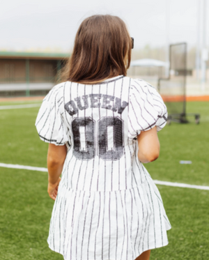 
            
                Load image into Gallery viewer, White Pinstripe Queen Team Jersey Dress
            
        