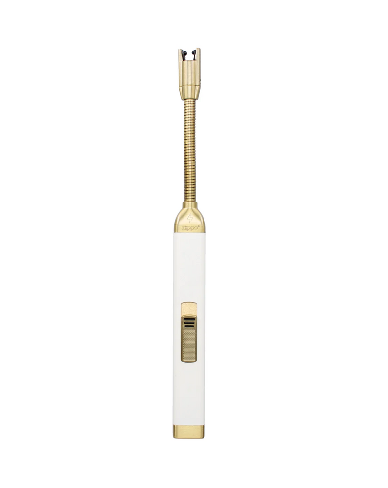 A rechargeable USB candle lighter with a white body and gold accents, featuring a flexible spout and a switch on the side.